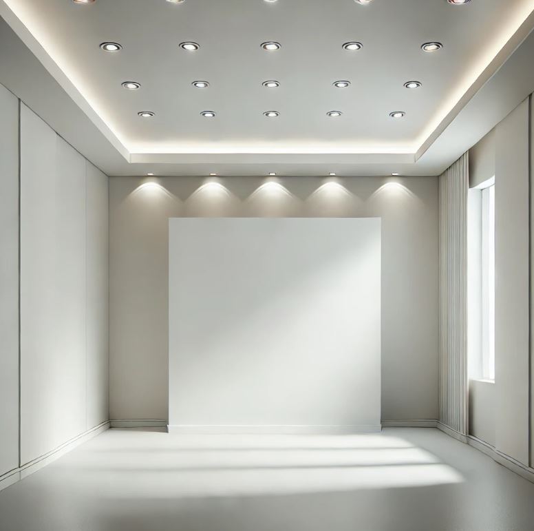 Pièce vide aux murs blancs avec un grand panneau rectangulaire blanc au centre, plafond à spots lumineux et fenêtre à droite.